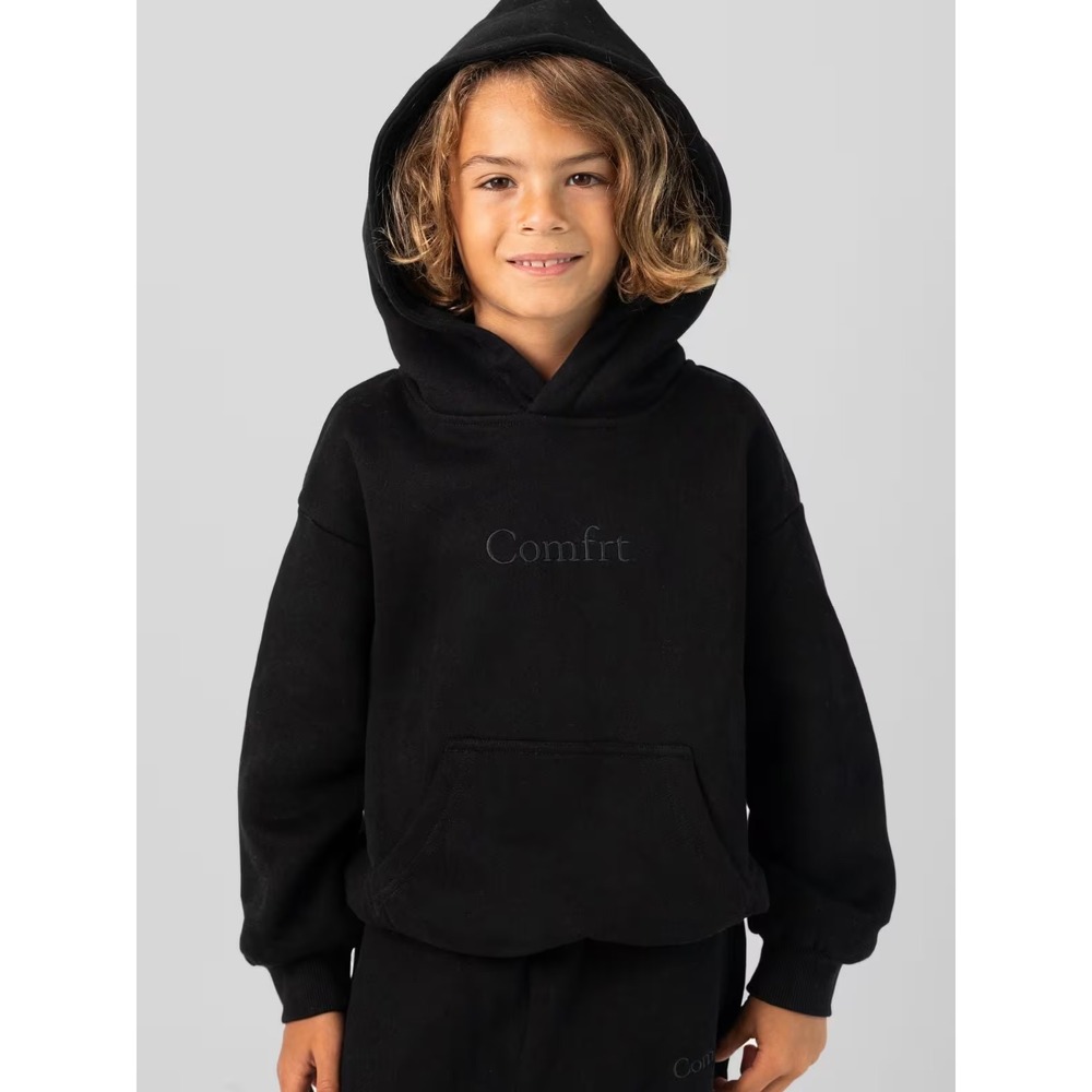 Comfrt Kids Signature Hoodie Black Embroidered Logo Fleece Pullover Size M 9/10